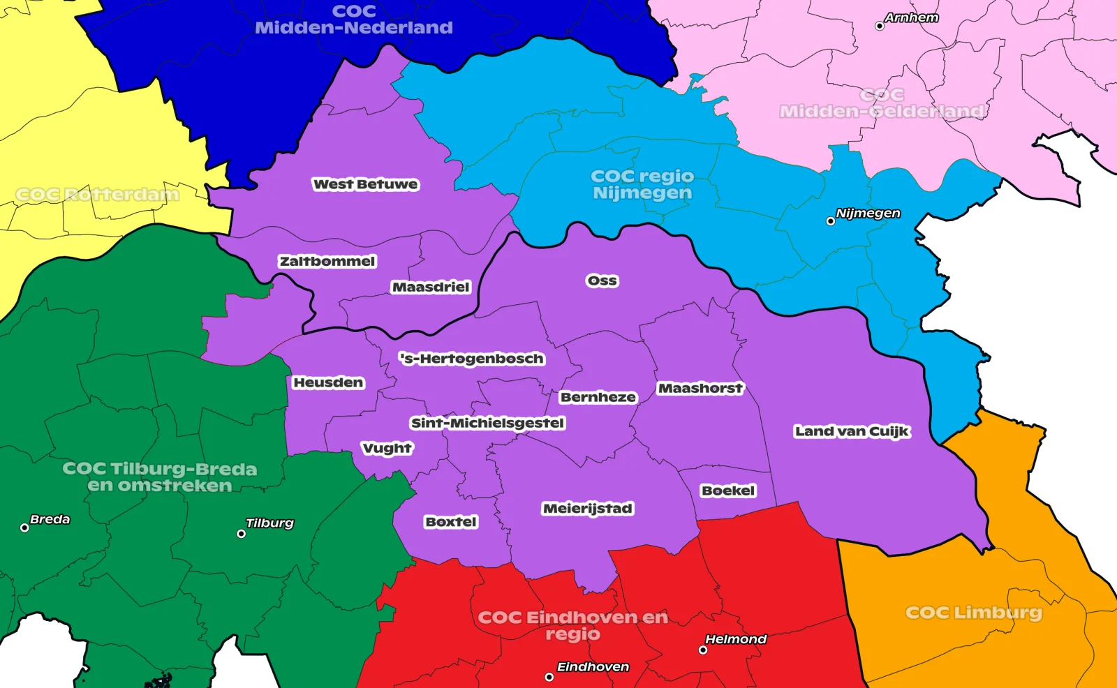 Kaart van de regio COC Noordoost Brabant